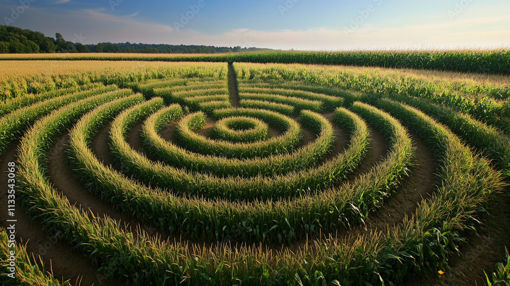 A massive, symmetrical crop circle resembling a labyrinth in a field of ripe corn