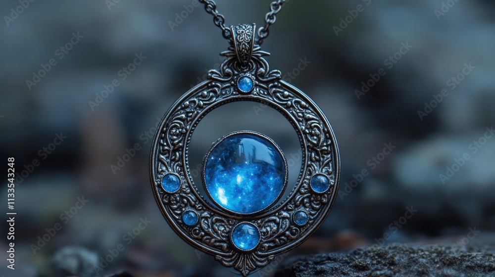 Ornate necklace, celestial blue pendant. Ornate necklace, celestial blue pendant.