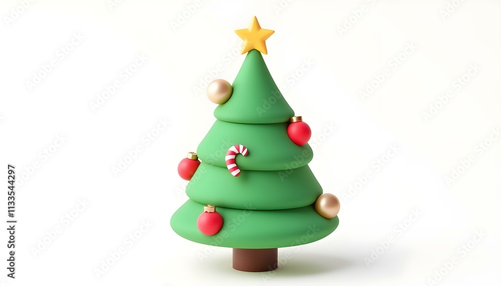3D render of a traditional green Christmas tree icon with red and gold ornaments, candy canes, and a shining star, set against a white background create with ai 3D render of a traditional green Christmas tree icon with red and gold ornaments, candy canes, and a shining star, set against a white background create with ai