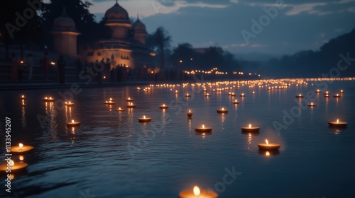 River Ganga banks at Kartik Purnima. Thousands of diyas float on water. People pray, light candles. Spiritual atmosphere. Religious ceremony. Cultural event. Dusk. Evening. India. Traditional photo