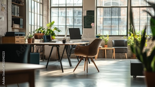 Sunlit Modern Office Workspace: Design, Plants, and Productivity