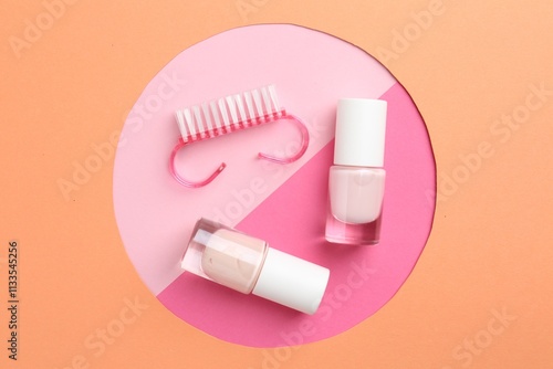 Set of pedicure tools on color background, flat lay