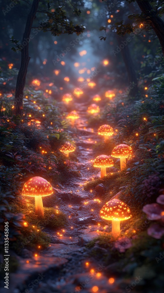 A mystical forest path illuminated by glowing mushrooms and soft light particles. A mystical forest path illuminated by glowing mushrooms and soft light particles.