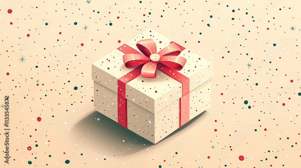 White gift box with red bow on festive confetti background White gift box with red bow on festive confetti background