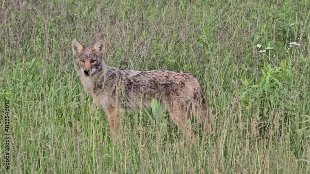 Closeup of Coyote in a green field looking around Closeup of Coyote in a green field looking around