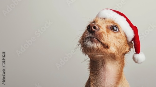 Adorable dog wears Santa hat. Curious look upward. Festive Christmas spirit. Cute pet. Holiday cheer. Adorable Christmas pet. Holiday photo. Pet accessories. Dog wearing hat. Christmas image. Photo photo