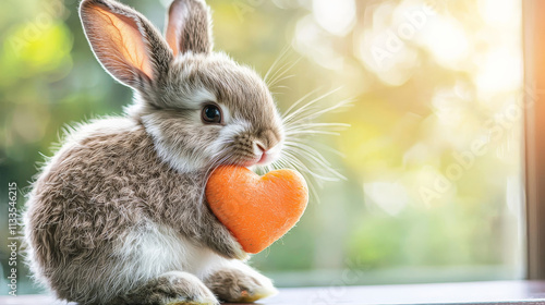 Fluffy bunny rabbit holding heart shaped carrot in soft sunlight photo