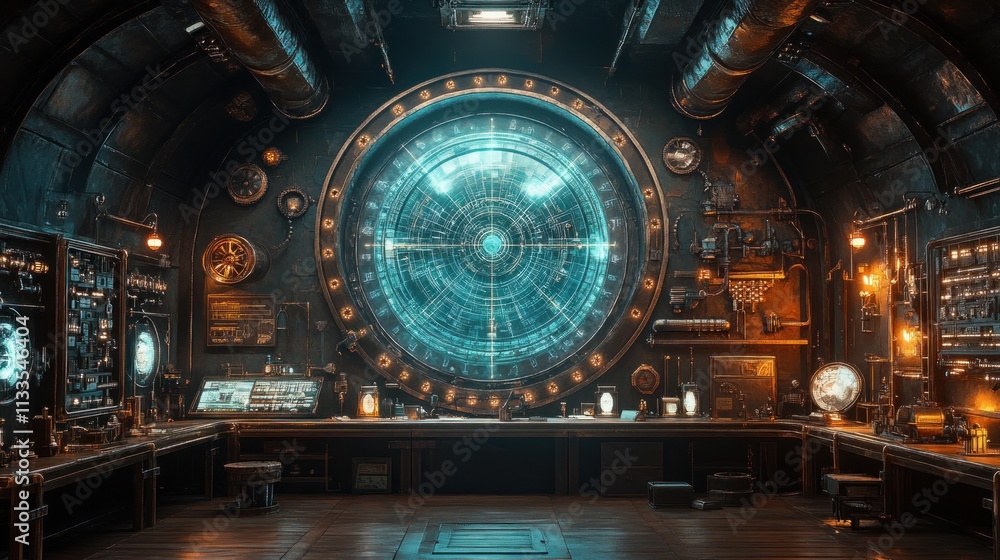 Obraz premium Steampunk control room, glowing circular interface.