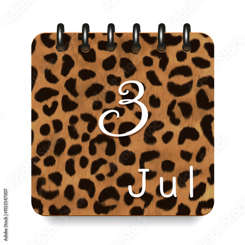 3 July. Leopard print calendar daily icon. White letters. Date day week Sunday, Monday, Tuesday, Wednesday, Thursday, Friday, Saturday.