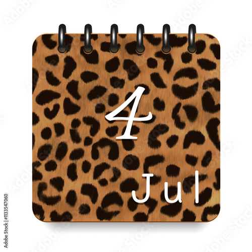 4 July. Leopard print calendar daily icon. White letters. Date day week Sunday, Monday, Tuesday, Wednesday, Thursday, Friday, Saturday.