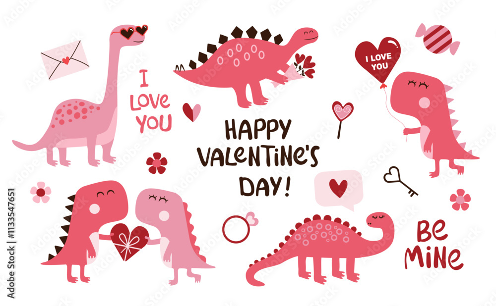 Obraz premium Valentine's Day dinosaurs collection. Adorable Dinos with love elements.