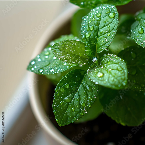 Closeup of a vibrant green mint plant in a simple ceramic pot sitting on a light minimal background The mint leaves are covered in delicate water droplets glistenin photo