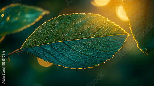 a closeup photograph of a green leaf showing intricate details of its veins and texture the leaf is positioned against a blurred forest background with dappled sunl photo