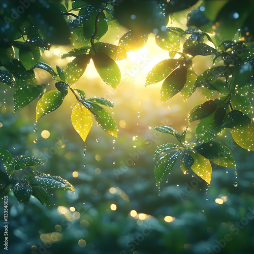 Morning dew on leaves beautiful scenery sunshine falling 3D cartoon Extra Long Shot high resolution photo