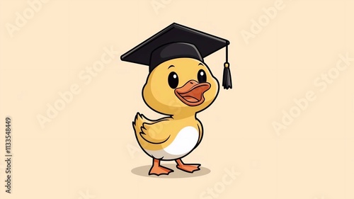 Cute yellow duck wearing black scholars graduation hat 3d cartoon illustration isolated on light solid background