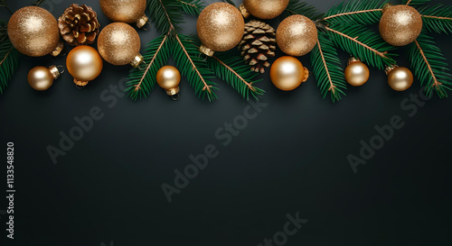 christmas banner with balls and pine cones photo