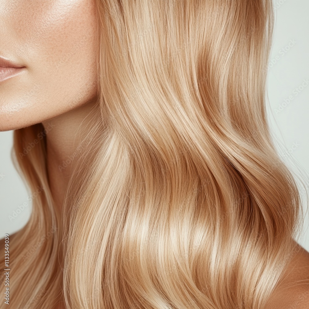 Blonde wavy hair close-up, soft natural highlights, aesthetic editorial stock photography for modern, elegant, feminine brand design, advertising, social media content marketing Blonde wavy hair close-up, soft natural highlights, aesthetic editorial stock photography for modern, elegant, feminine brand design, advertising, social media content marketing
