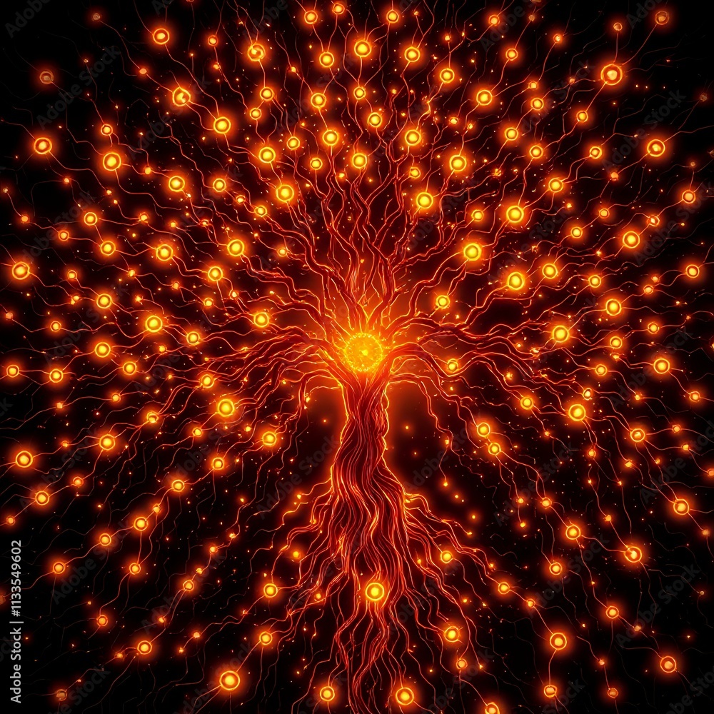 Radiant Cybernetic Tree of Life in Neon Hues, Art Nouveau Style Radiant Cybernetic Tree of Life in Neon Hues, Art Nouveau Style