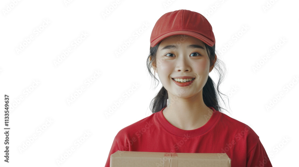 Delivery courier asian caucasian young man, shipping box and smile in portrait on white background Delivery courier asian caucasian young man, shipping box and smile in portrait on white background