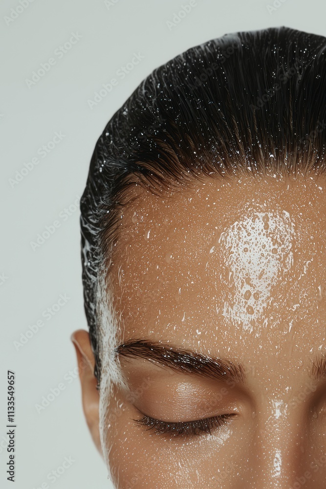 Front view of woman with wet dark hair, eyes closed, glowing complexion, aesthetic editorial stock photography for social media content marketing