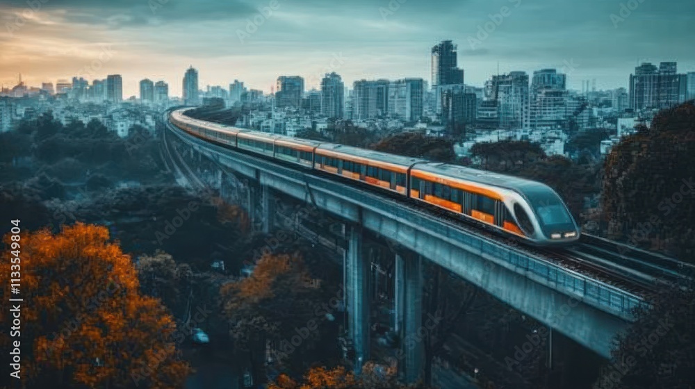 Obraz premium Elevated Train above City Skyline at Dusk