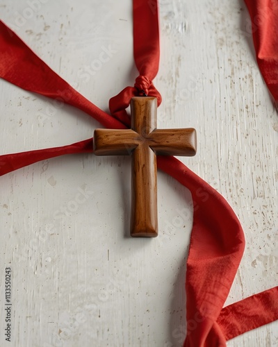 red ribbon and wooden cross photo