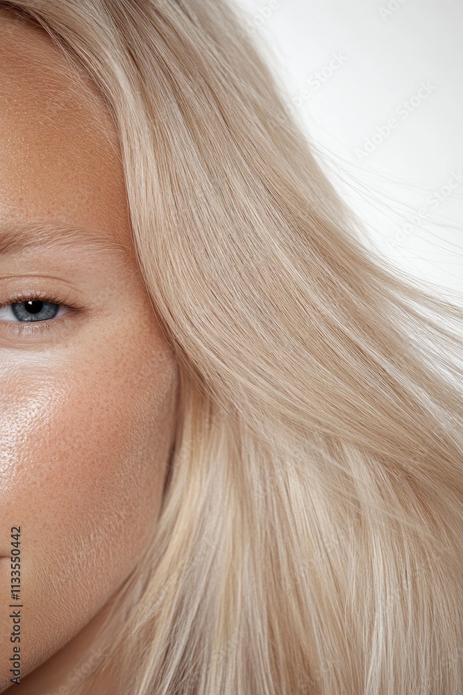Close-up of light blonde flowing hair, soft and radiant aesthetic, photography for social media faceless digital content marketing