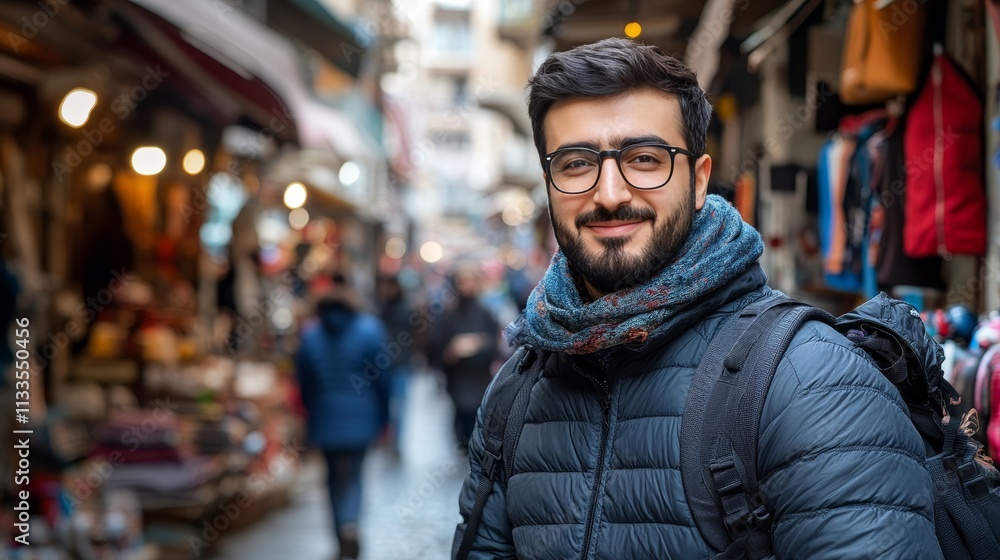 Obraz premium Portrait Of A Smiling Man Wearing Glasses And A Scarf, Standing In A Busy Street Market
