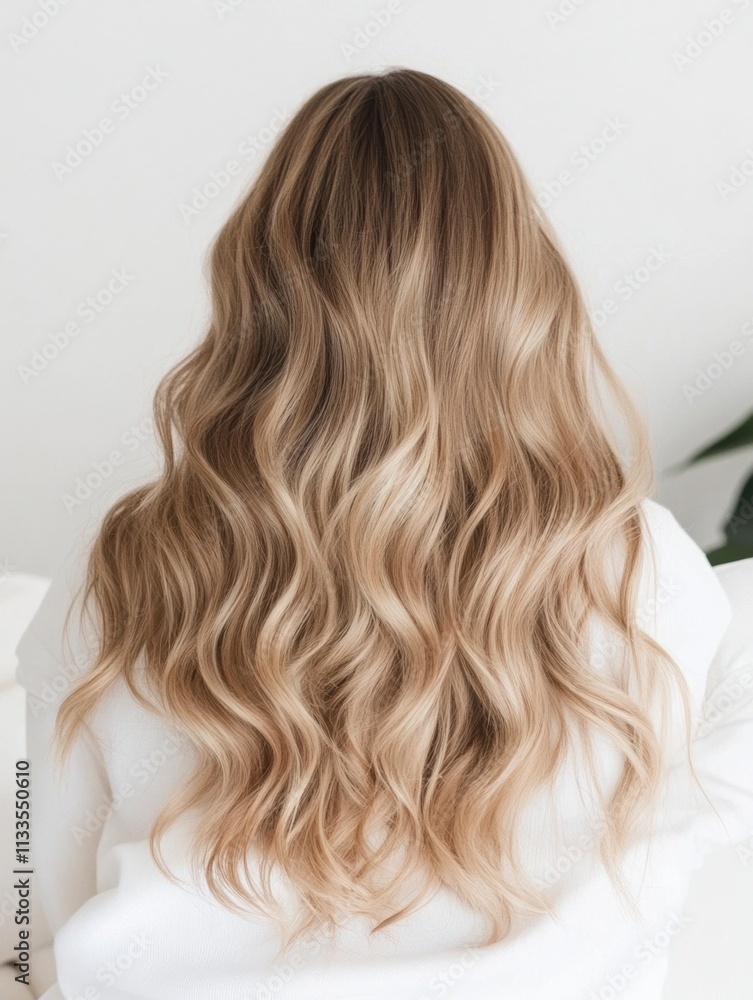 Back view of wavy blonde hair, soft natural tones, relaxed editorial aesthetic, photography for social media faceless digital content marketing