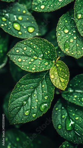 Close-up of green leaves with water droplets, showcasing nature's beauty and freshness.
