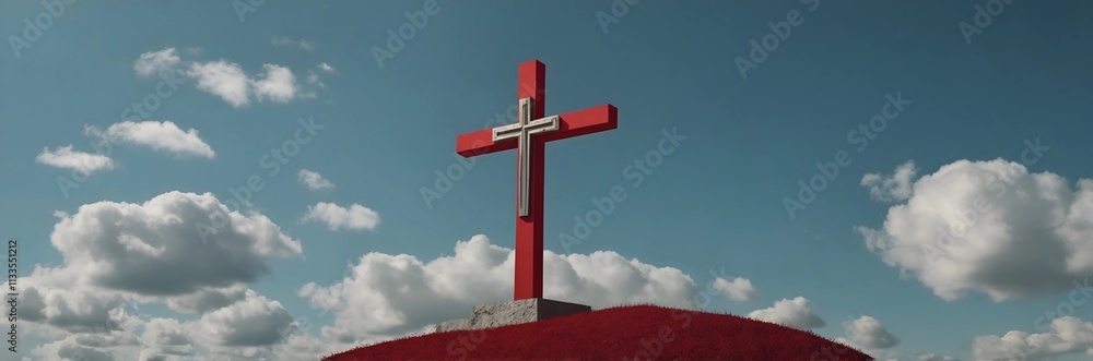 Red color cross against the sky Red color cross against the sky