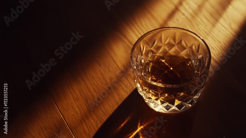 Elegant close-up of premium añejo tequila in sleek crystal glassware, warm golden tones with subtle gradients and reflections, beautifully placed on a dark walnut surface.