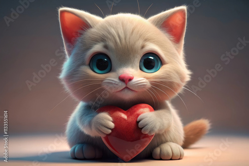 A cute, fluffy kitten with big blue eyes holds a red heart, exuding charm and affection in a soft, warm atmosphere.