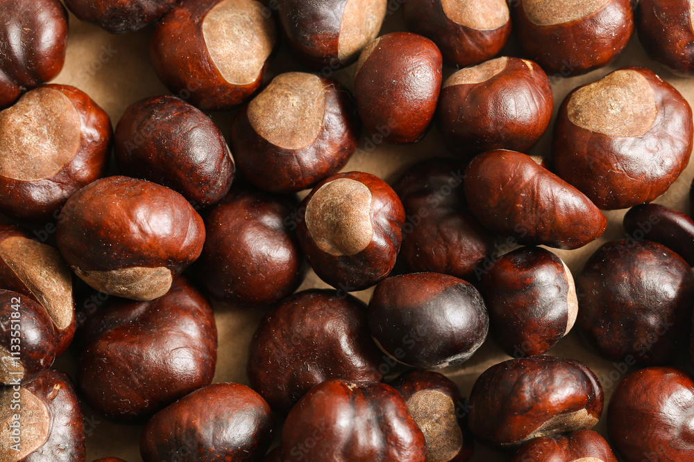 Fototapeta premium Chestnut texture on a brown background. Shiny autumn chestnuts symbolizing fall. Warm seasonal backdrop. Natural harvest decoration. Forest inspired autumn theme.