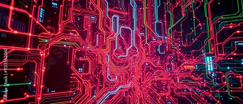 Neon Circuit Board Data Visualization: Cyberpunk Glitch Scene photo