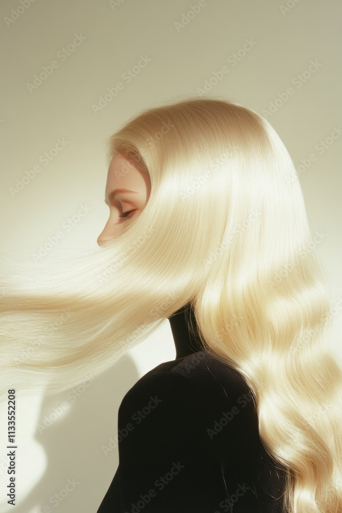 Platinum blonde hair cascading softly with an elegant glow, minimal editorial beauty photography for social media faceless digital content marketing