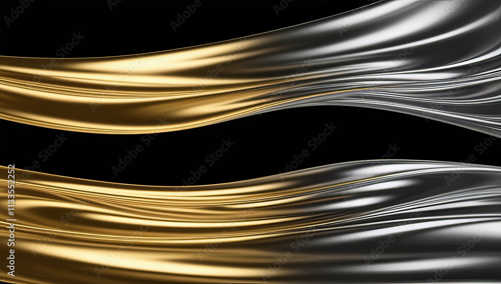 Smooth gold and silver waves on black background dance elegantly across ...
