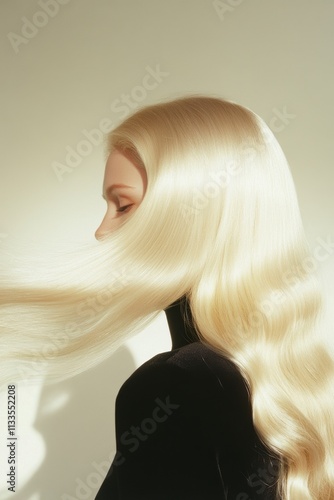 Obraz na płótnie Platinum blonde hair cascading softly with an elegant glow, minimal editorial beauty photography for social media faceless digital content marketing w salonie