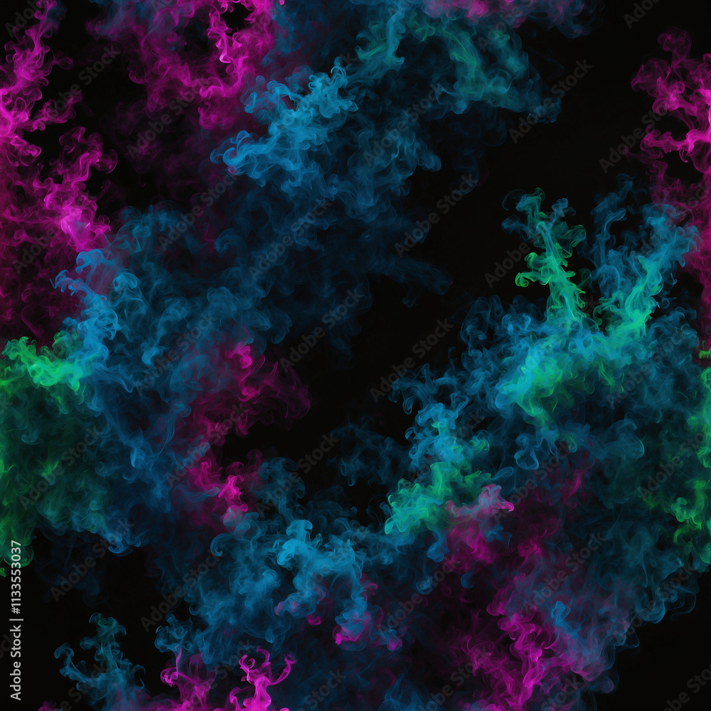 Branching neon smoke with electric tones of blue and magenta highlighted by soft green, set against a matte black background Branching neon smoke with electric tones of blue and magenta highlighted by soft green, set against a matte black background