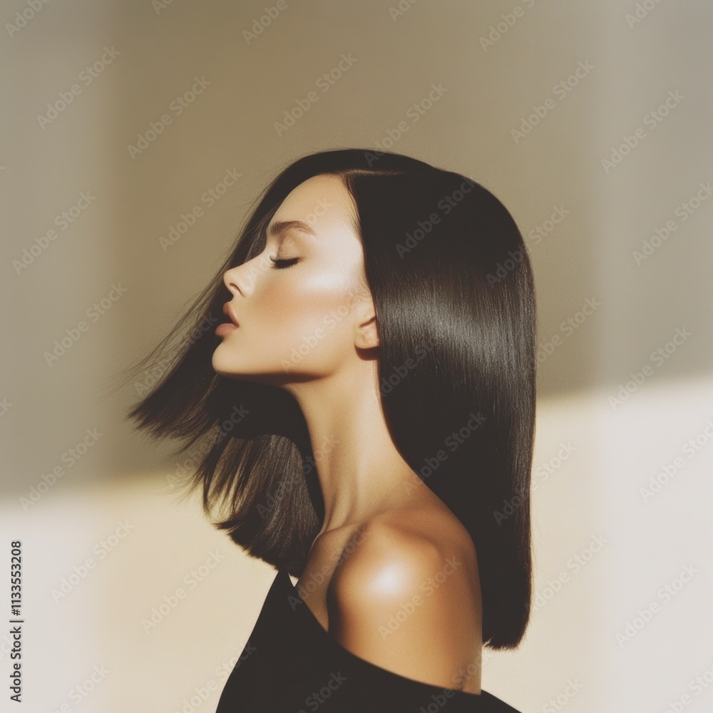 side view profile of a hair model with sleek medium long bob hair blowout neutral faded aesthetic campaign for social media branding design feminine organic aesthetic