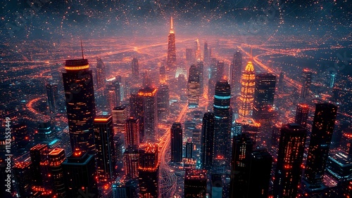 Glowing Cybernetic Cityscape at Night photo