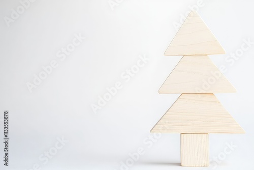 Minimalist wooden Christmas tree on white background.