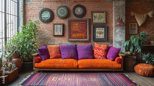 Eclectic bohemian living room filled with vibrant colors a mix of textures vintage furniture and bold patterns creating a lively artistic and freespirited space photo