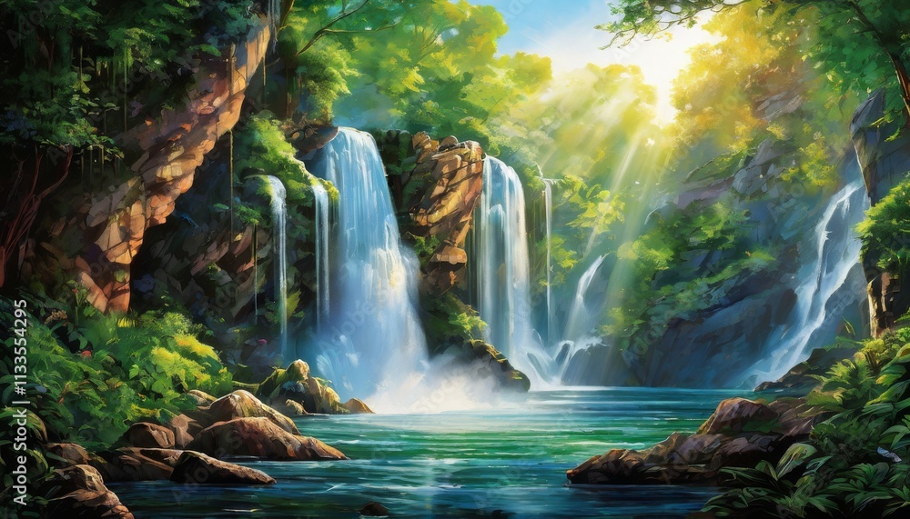 A peaceful scene of a waterfall cascading into a tranquil pool surrounded by lush greenery. The sunlight filtering through the trees enhances the calm and idyllic atmosphere of this tropical paradise A peaceful scene of a waterfall cascading into a tranquil pool surrounded by lush greenery. The sunlight filtering through the trees enhances the calm and idyllic atmosphere of this tropical paradise