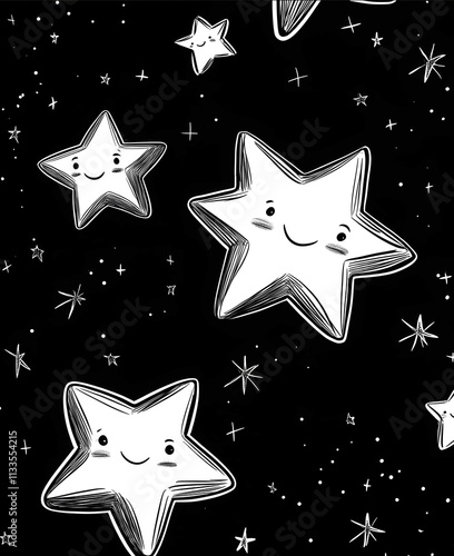 high contrast black and white illustration for a childrens book featuring a group of playful stars with faces twinkling in the night sky The design should have clea photo