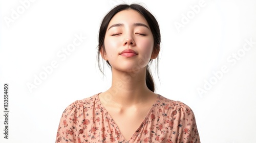 Young woman with eyes closed, peaceful expression.