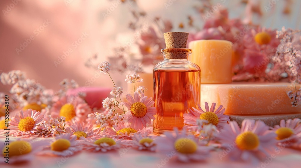 Fragrant essential oils and flowers on a serene backdrop Fragrant essential oils and flowers on a serene backdrop