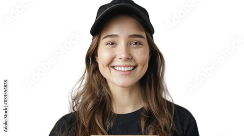 Delivery courier american caucasian young woman, shipping box and smile in portrait on white background 