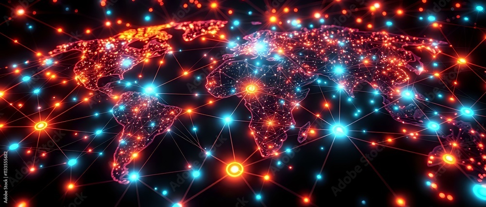 Cybernetic Art Nouveau World Map with Glowing Quantum Traffic Cybernetic Art Nouveau World Map with Glowing Quantum Traffic