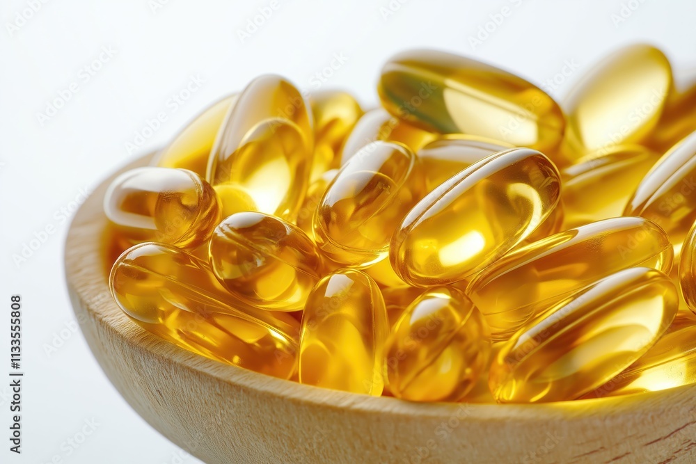 Close up view of fish oil capsules in wooden bowl. Healthy supplement. Dietary supplement rich in omega 3, vitamin. Natural health care product. Isolated on white background. Healthy living concept. Close up view of fish oil capsules in wooden bowl. Healthy supplement. Dietary supplement rich in omega 3, vitamin. Natural health care product. Isolated on white background. Healthy living concept.